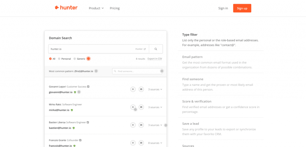 Hunter.io Screenshot