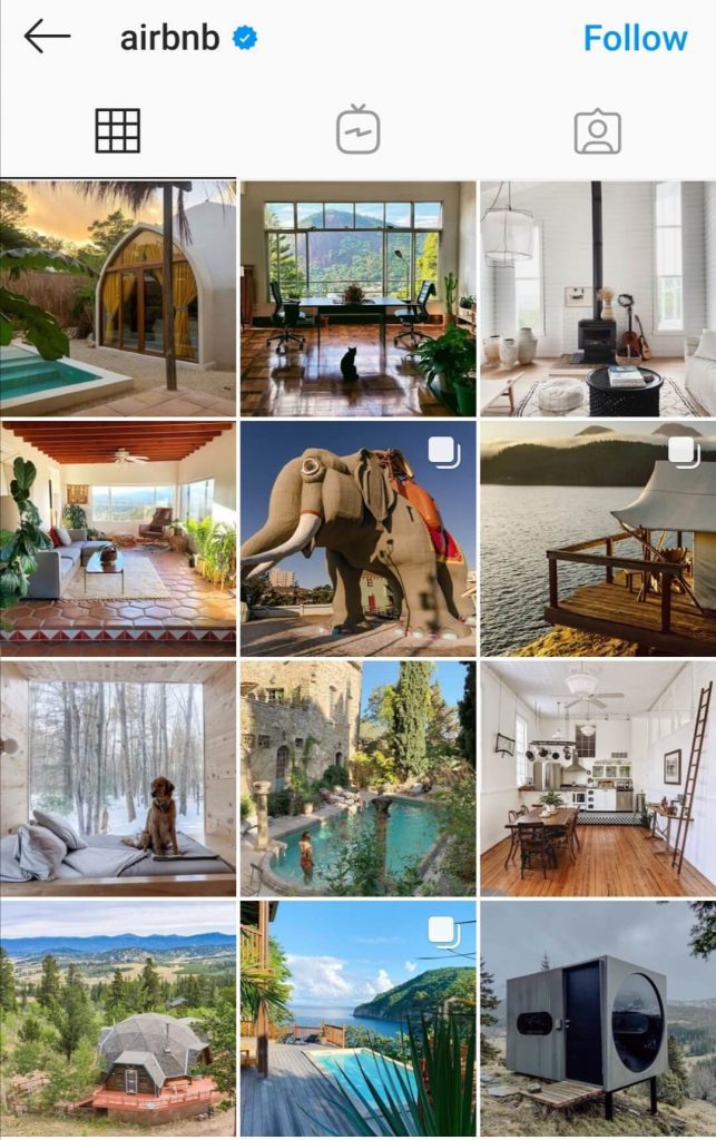 Airbnb shares amazing photos on Instagram as a sales tactic to grow their audience.