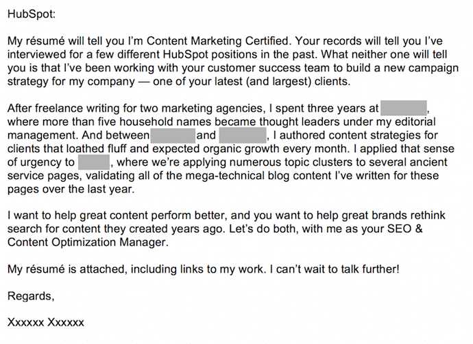 Cover letter submitted to HubSpot that sells the sender to the recipient.