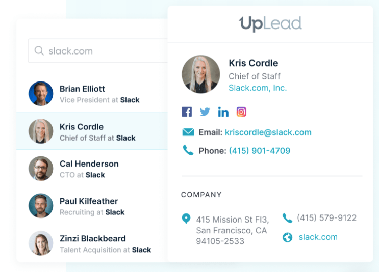 UpLead's email profile example.