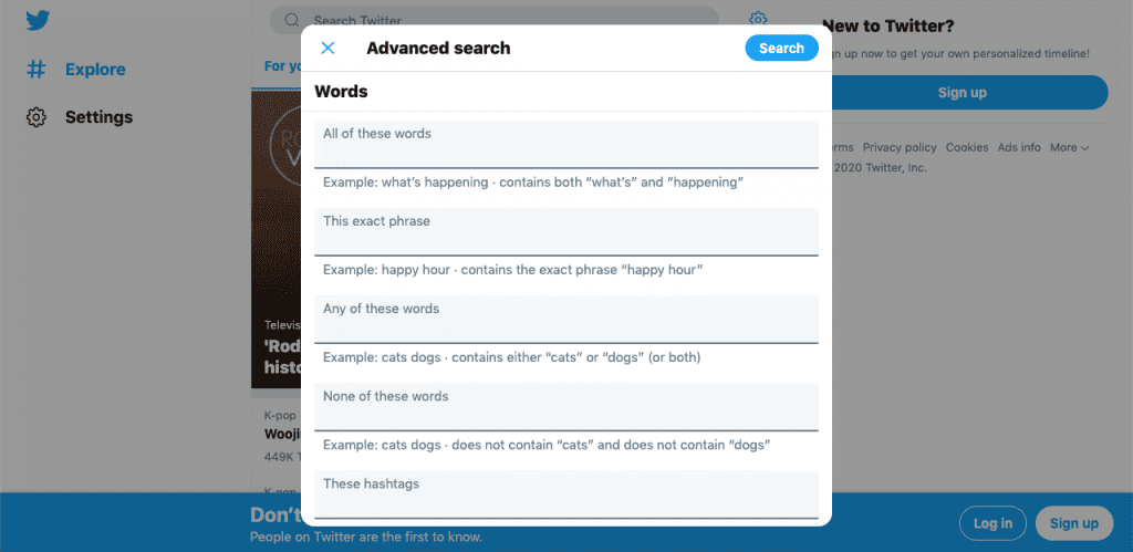 Screencap of Twitter's advanced search in action.