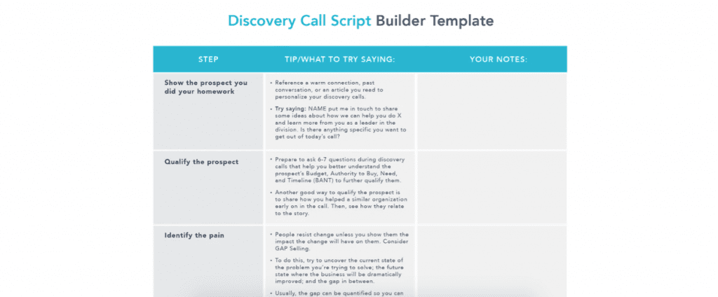 This free discovery call script builder by Chorus takes you step by step through the process to ensure your script is as effective as it can be.