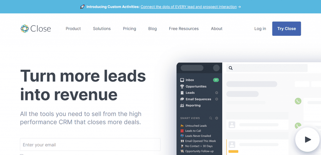 Close is a sales customer relationship marketing tool that generates leads to sales for small and medium-sized businesses. 