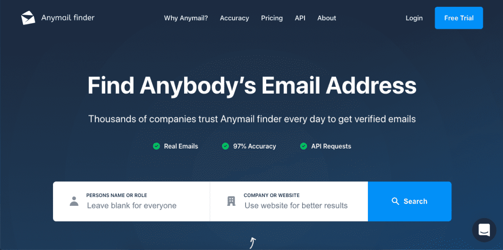 Another email lookup tool with a simple interface and free lookups is Anymail Finder.