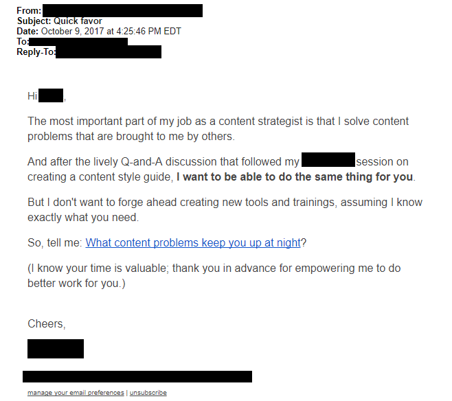 This email was received by the company after one of its employees attended a session at a large marketing conference. 