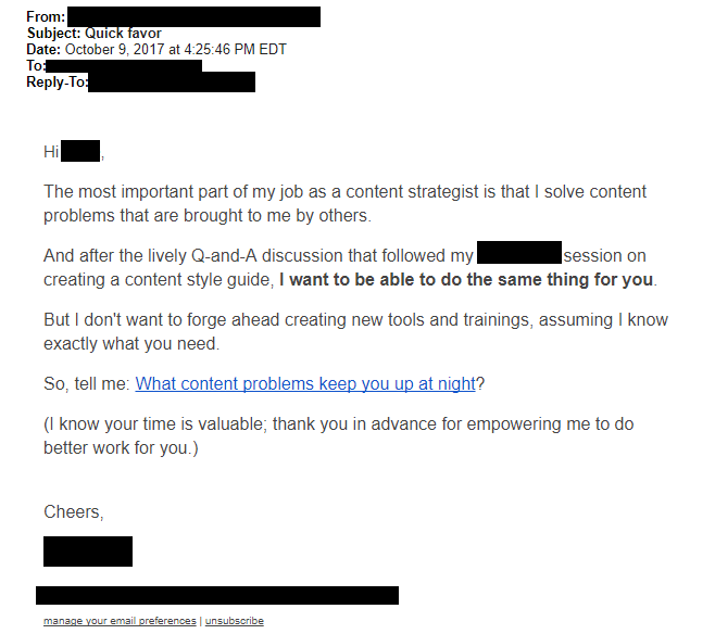 This email was received by the company after one of its employees attended a session at a large marketing conference.