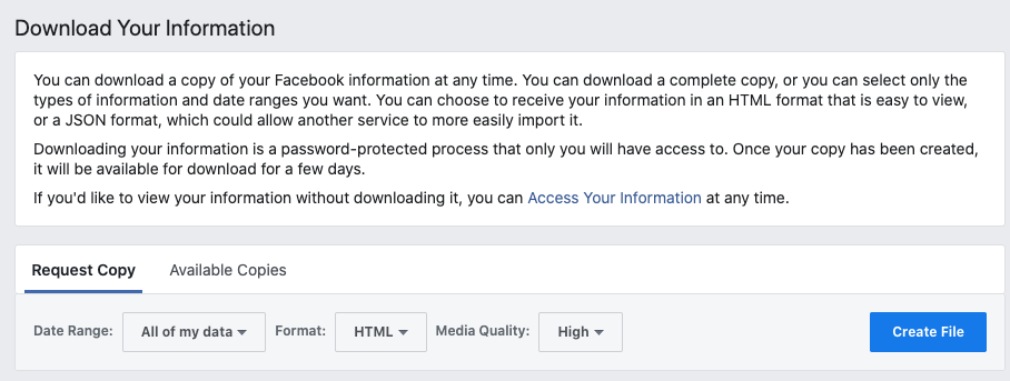 Click on “Download my information.” This will take you to another page where you can select which information you want.