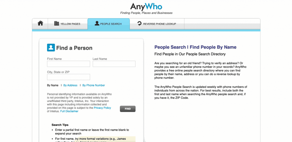 AnyWho ist ein kostenloser Dienst zur Suche nach Telefonnummern, mit dem Sie die Weißen Seiten nach aufgelisteten Telefonnummern durchsuchen können.