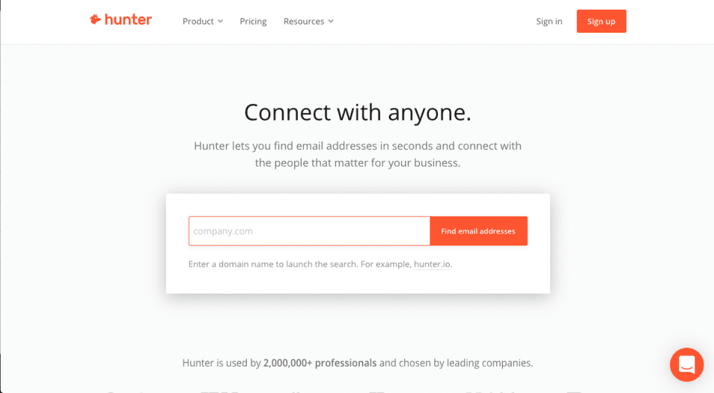 Hunter's business database focuses on searching for business email addresses