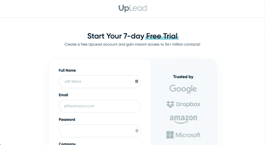 uplead-email-database-generation UpLead's landing page allows for users fo give company information and their email address in exchange of cheaper services.