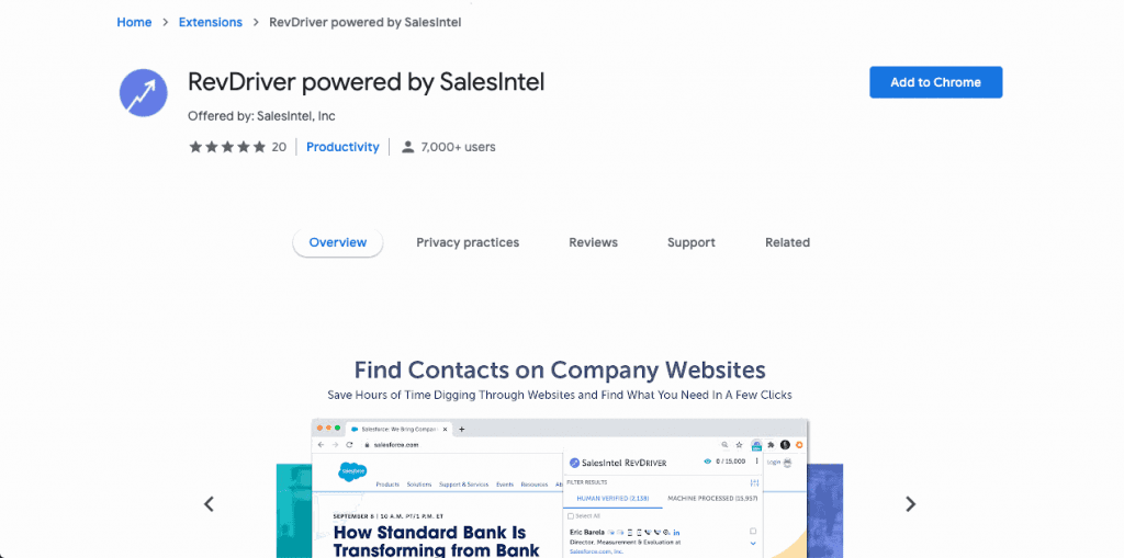 RevDriver allows users to access professional and contact details as they search a website. 