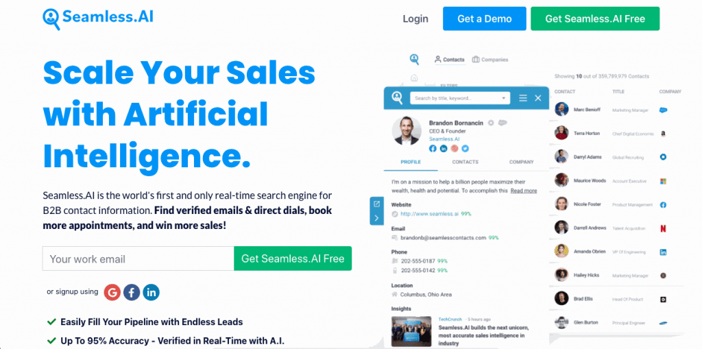 Seamless.ai is a real-time search engine that allows users to research companies and find data through a simple web search.