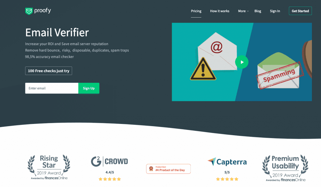 Proofy is an email verifier that offers real-time processing, email deduplication, and multiple other email list cleanup features
