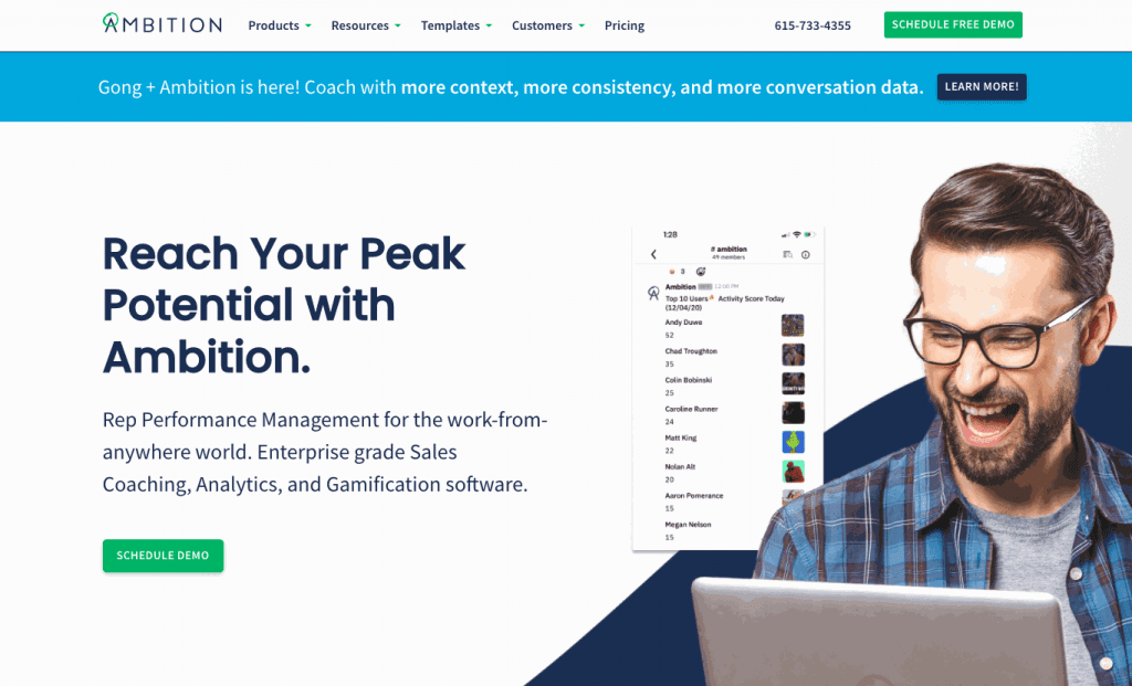 ‍Ambition is a sales management tool that focuses on coaching and gamification, making it good for training and motivating each sales rep while giving them the right objectives.