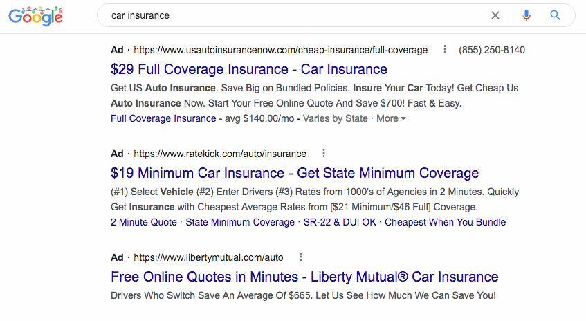 Car Insurance PPC Ads on Google