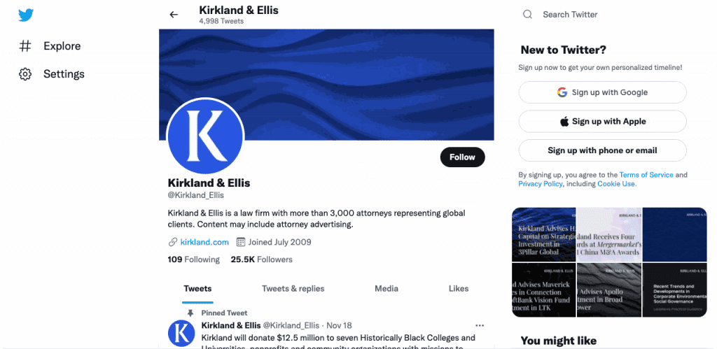 Kirkland and Ellis Twitter Profile