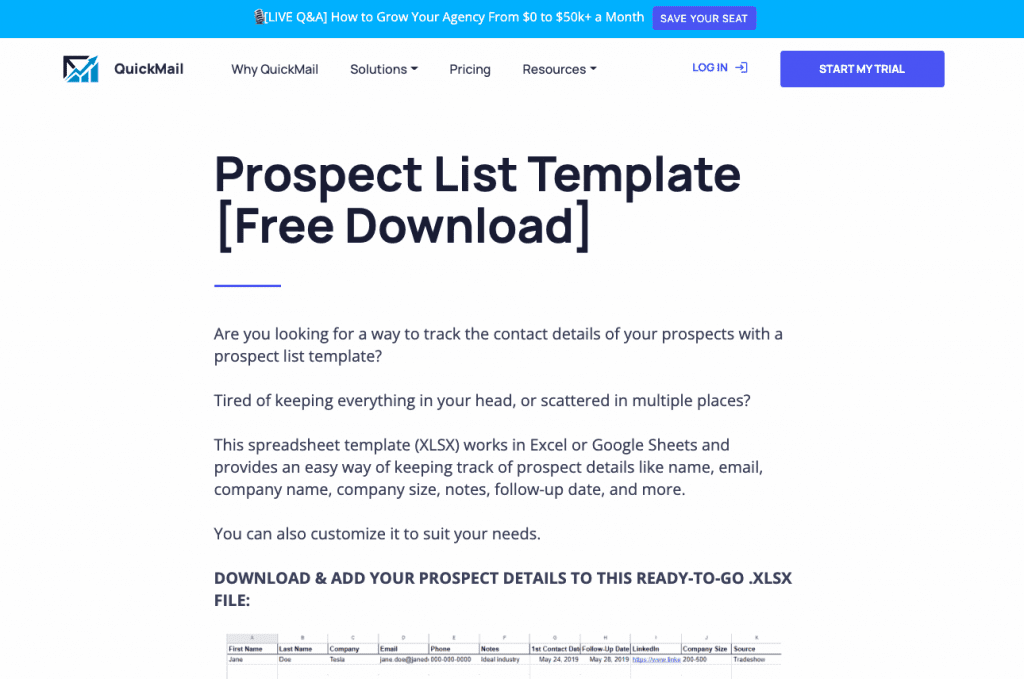 Quickmail Prospect List Template
