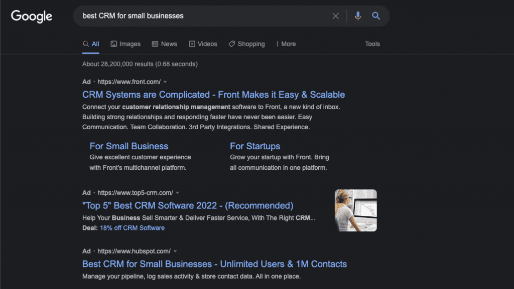 Google search for best crms for small businesses