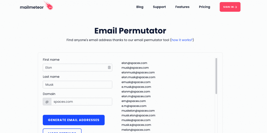Mailmeteor offers a free email permutator that allows users to guess people’s email addresses without leaving their Gmail app.