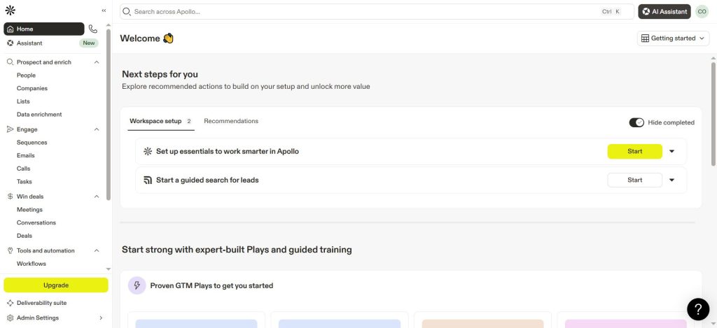 Apollo.io main dashboard showing people search filters, contact results and email sequence tools
