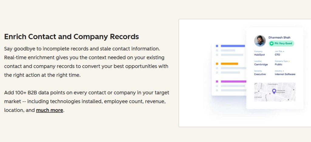 Our test screenshot of Clearbit's contact and company records feature
