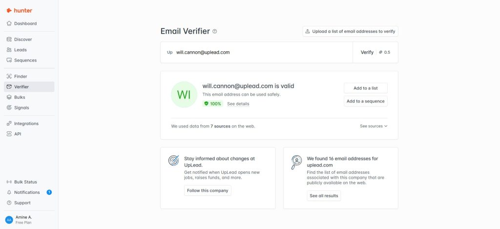 Screenshot from our test of Hunter's email verifier feature