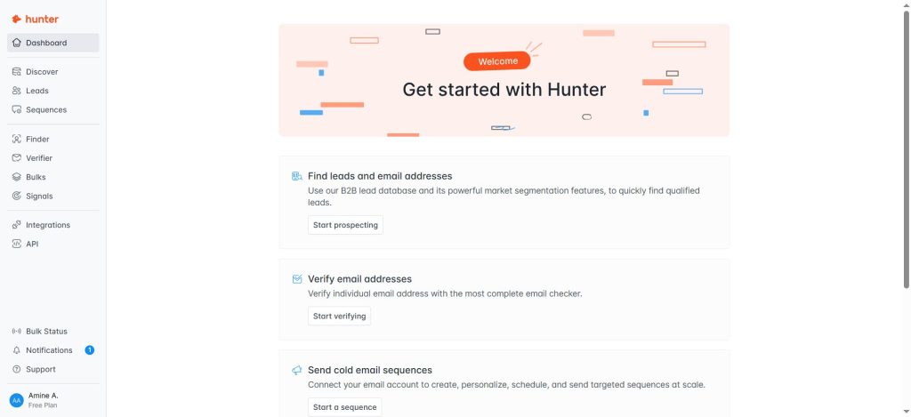 Hunter.io email discovery and verification dashboard