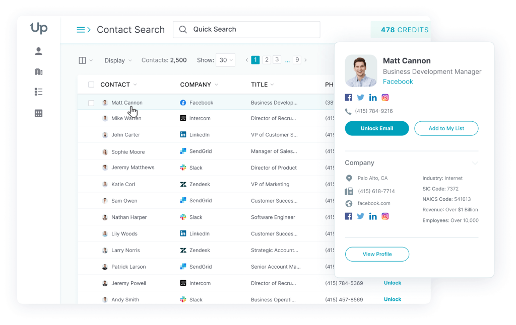 Screenshot of our test of UpLead's contact search