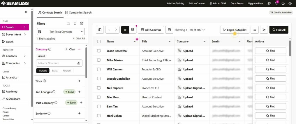 Screenshot from our test of Seamless.AI's lead search feature

