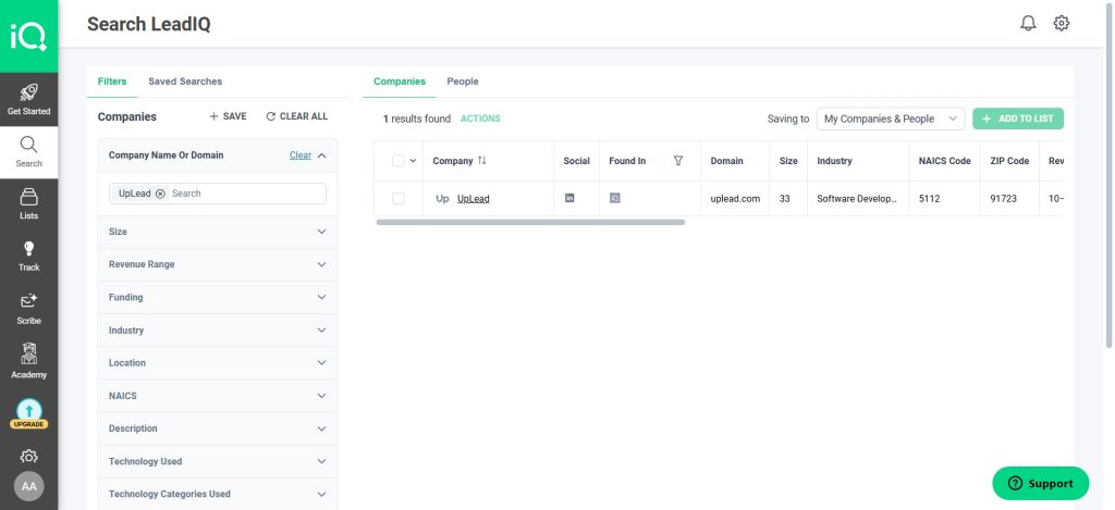 Our test screenshot of LeadIQ's prospect search feature