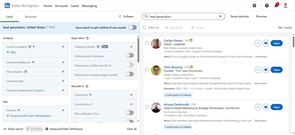 Our test screenshot of LinkedIn Sales Navigator's lead search feature
