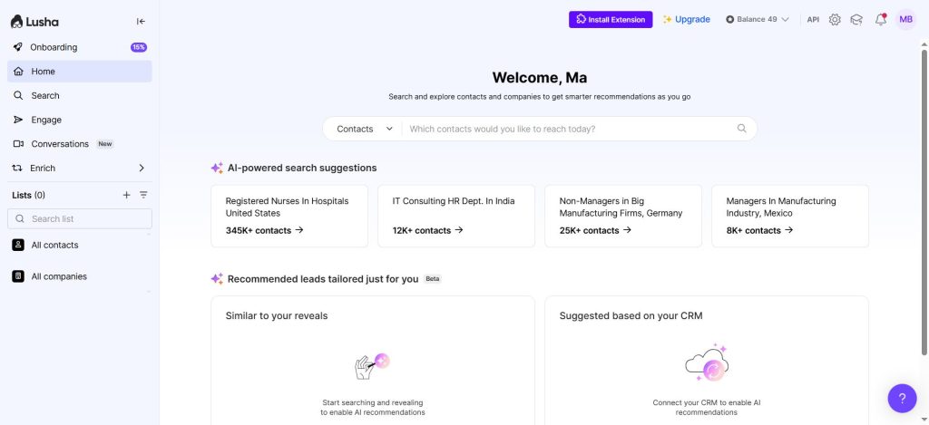 Lusha B2B contact prospecting main dashboard