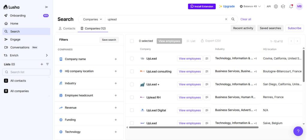 Screenshot of our test of Lusha's prospect search feature