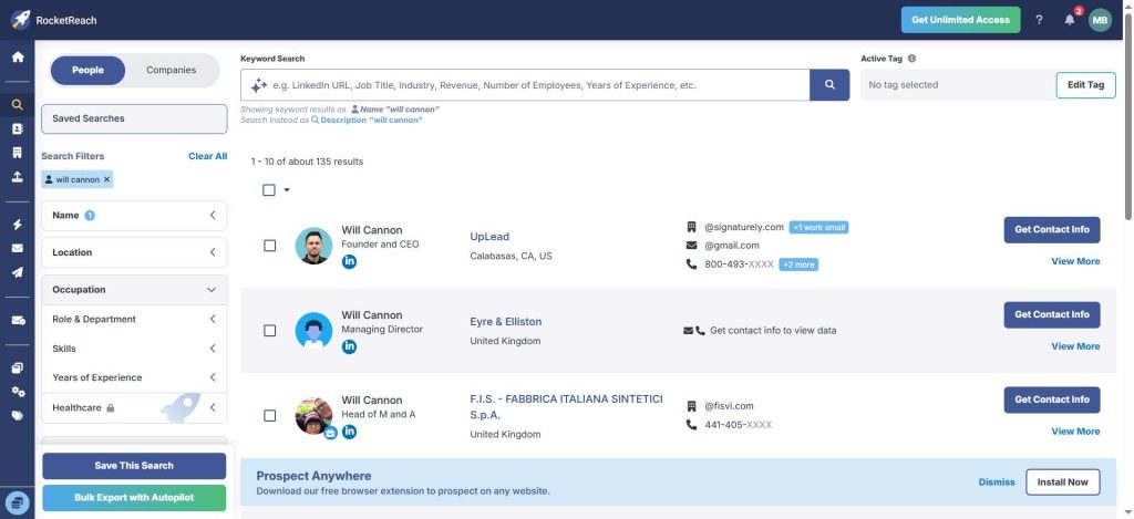 Screenshot from our test of RocketReach's contact search feature