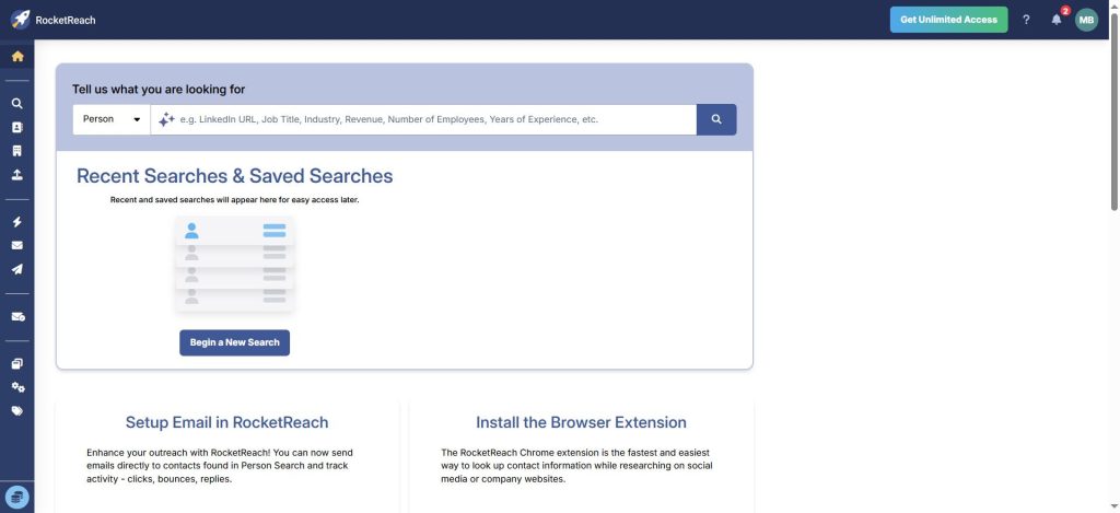 RocketReach contact discovery and search dashboard