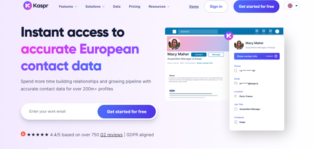 Kaspr.io homepage showing LinkedIn Chrome extension for B2B contact discovery with GDPR-compliant data