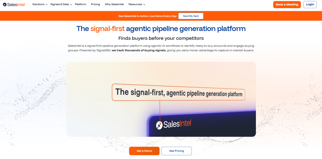 SalesIntel homepage showing human-verified B2B contact data platform with Research on Demand feature