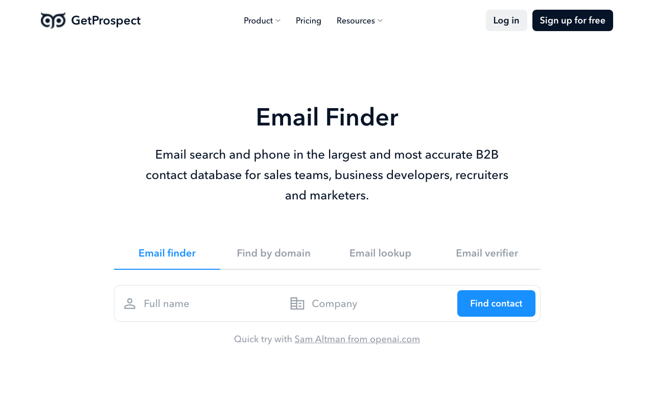 Screenshot of the GetProspect homepage