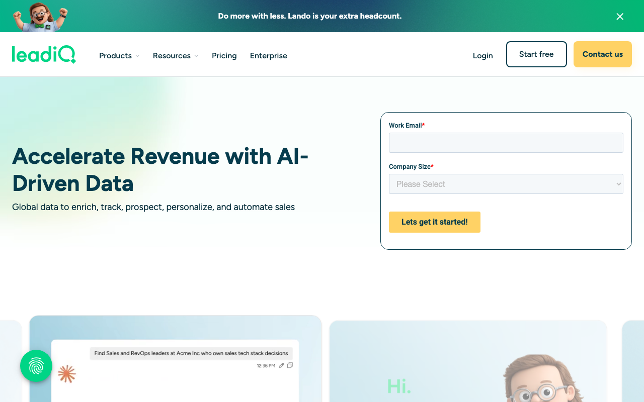 Screenshot of the LeadIQ homepage
