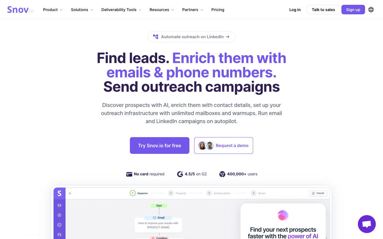 Screenshot of the Snov.io homepage