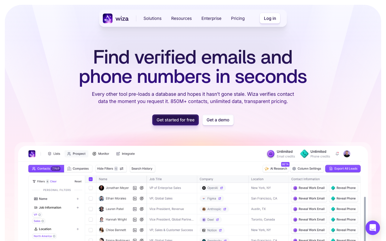 Screenshot of the Wiza homepage