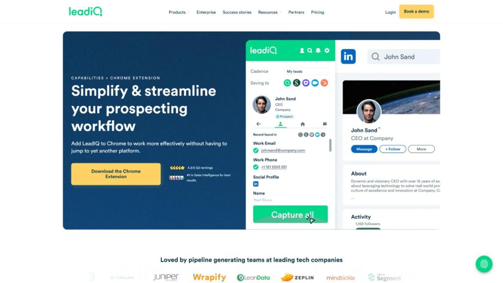 LeadIQ's Chrome extension prospecting workflow, captured and synced in one step (Source: LeadIQ)